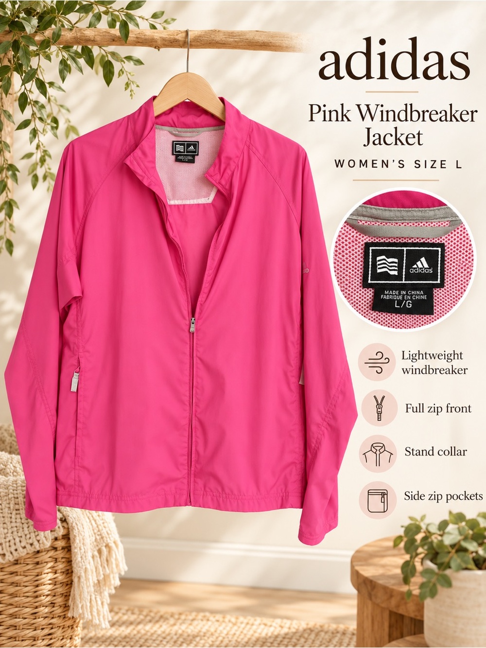 Adidas Women’s Pink Lightweight Windbreaker Jacket Full Zip Size L